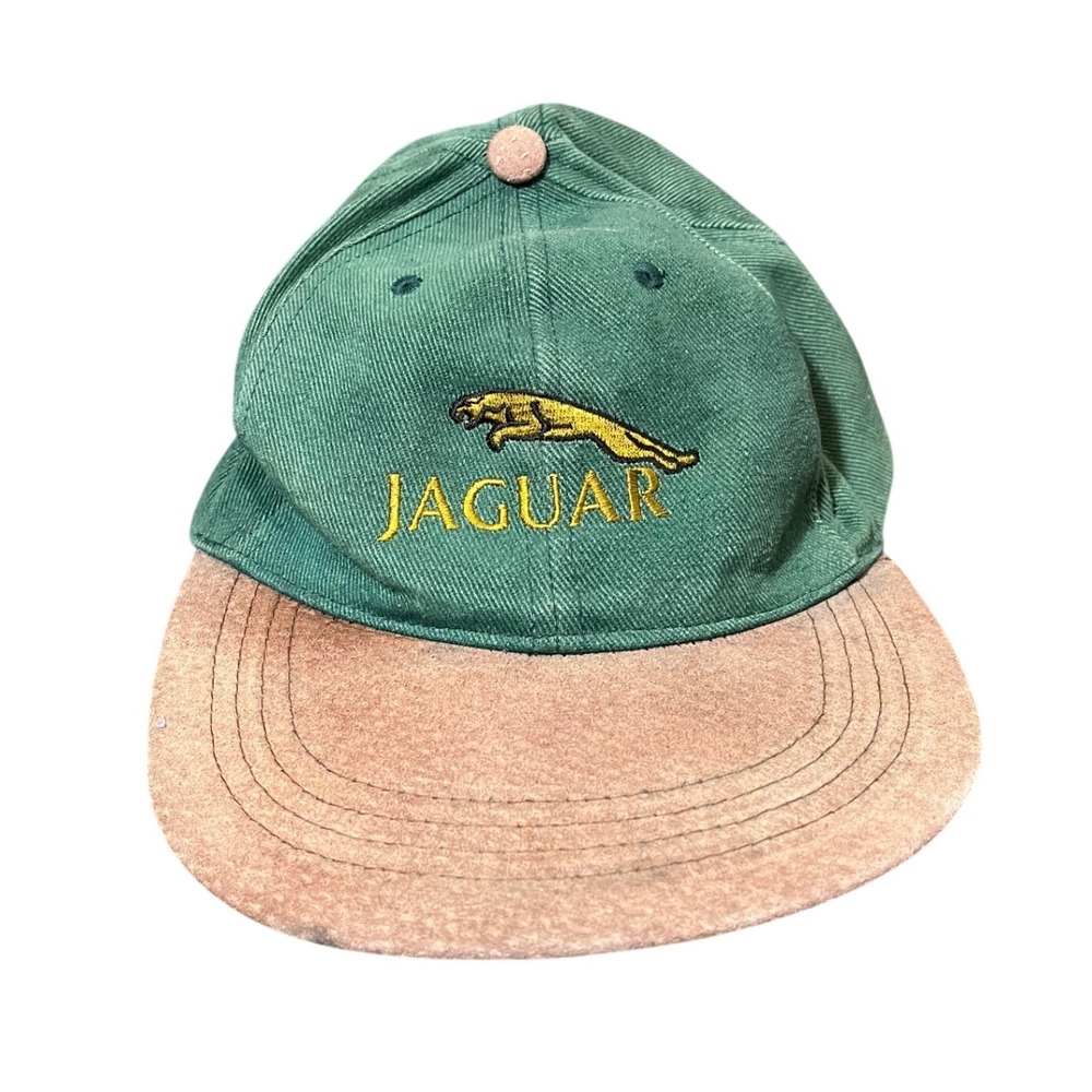 Vintage Jaguar Racing Ball Cap Green Suede Bill Leather Strap Made In USA